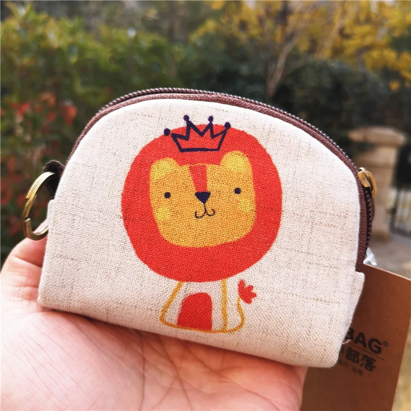 Cute Animal Canvas Coin Purse Short Shell Wallet Women Key Card Bag Kids Cartoon Lionmouse Fox Bear Dinosaur Small Change Purses