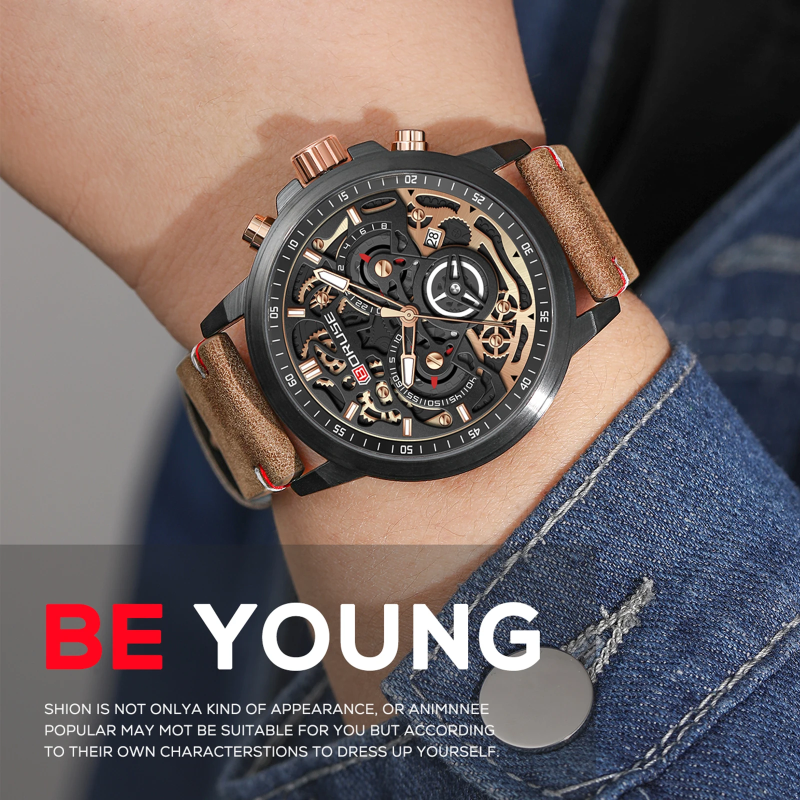 BORUSE Luxury Men's Quartz Wristwatch Brown Leather Strap Date Calendar Chronograph Waterproof Luminous Quartz Watch for Men