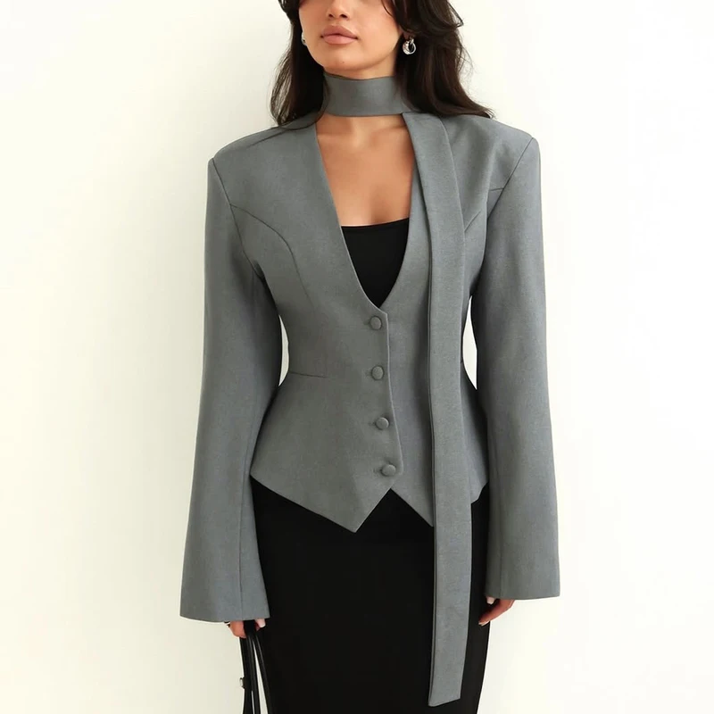 Ticketsx V Neck Scarf Blazer Jacket Women' Elegant Cinched Waist Single...