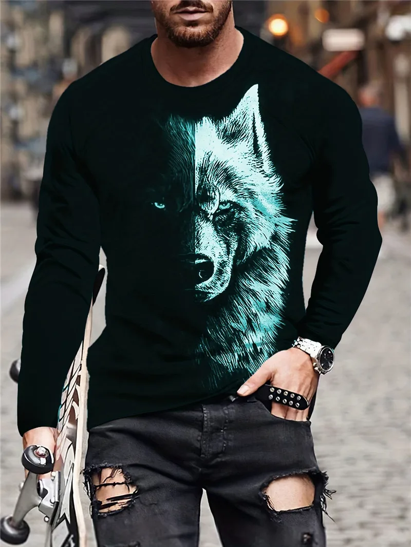 Man wearing a long sleeve 3D abstract wolf print T-shirt in hip hop streetwear style L blue
