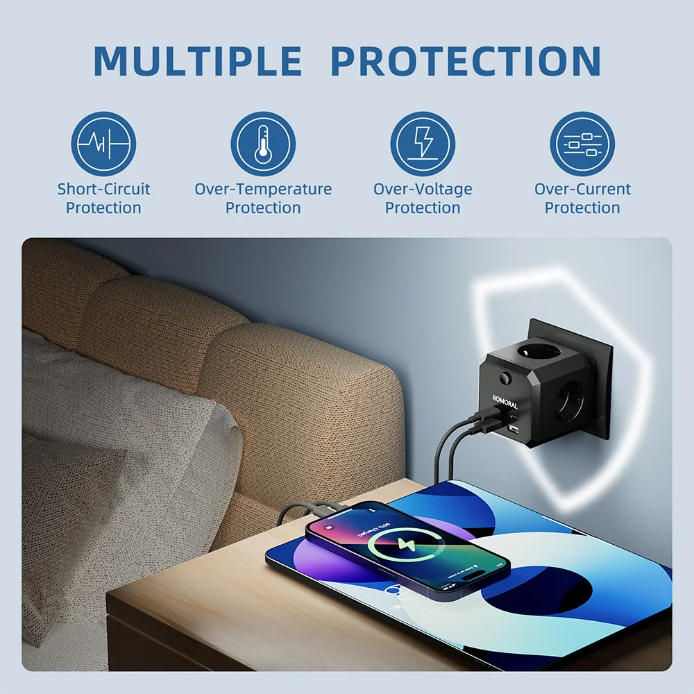 Power Strip EU Power Strip 4AC Multipriser 250V 16A USB Plug Wall Charger Multiple Sockets Extender For Home Office
