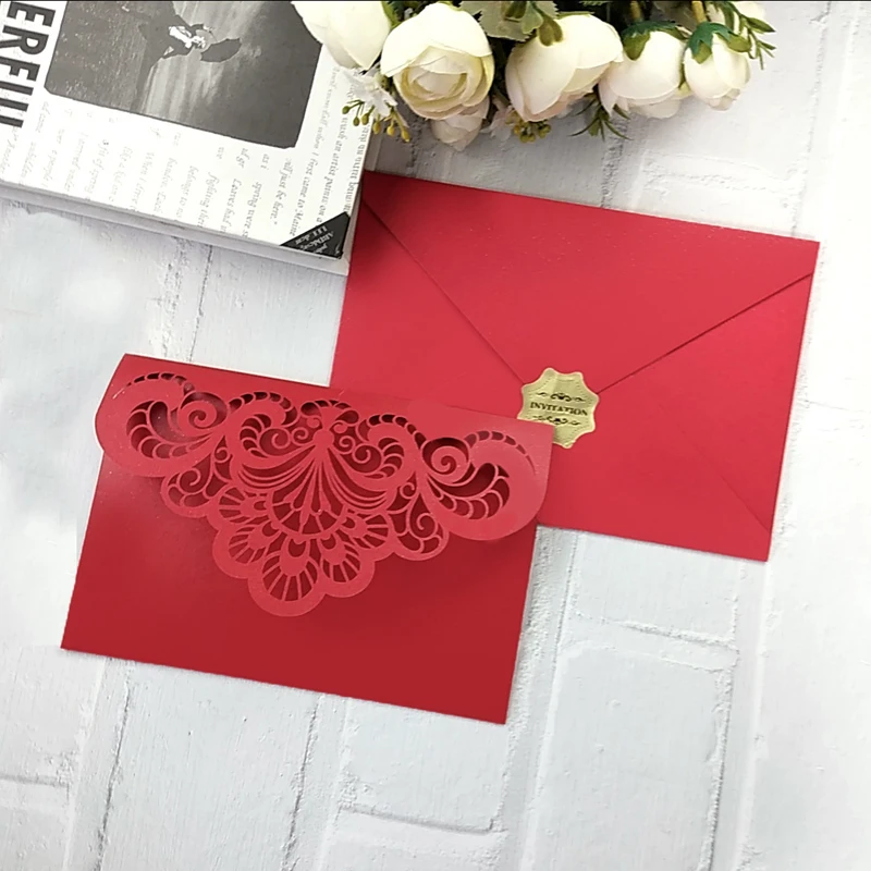 10 pieces Laser Cut Floral Tri-fold Pocket Wedding Invitations Quinceanera XV Birthday Thank You Greeting Card IC153