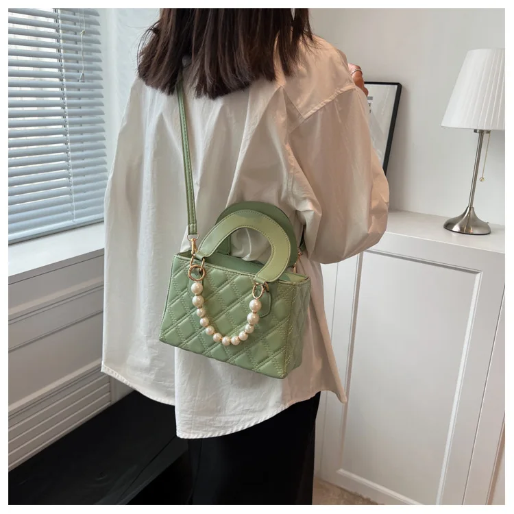 Women's 2023 Trend Leather Chain Shoulder Crossbody Bag with Pearl Handle Portable Chocolate Grid Solid Color Small_voghion.com