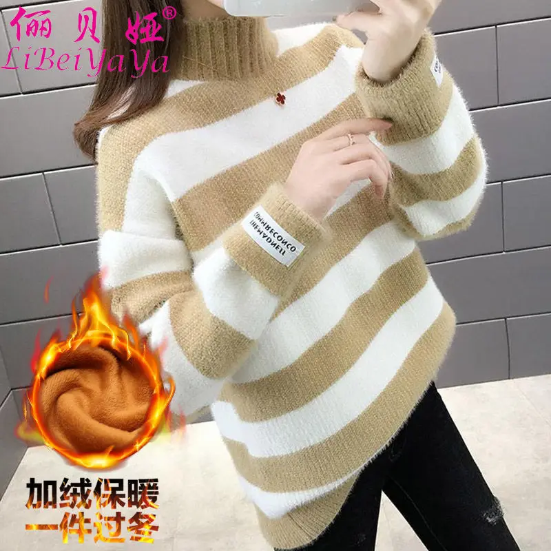 short sleeve cardigan Autumn and Winter New Mink Semi High Neck Sweater Women Thickened Loose Lazy Student Pullover Bottomed Sweater Fashion long cardigan Sweaters