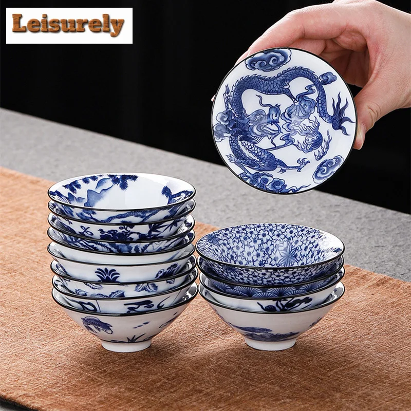 1 Pcs Chinese Blue and White Porcelain Teacup Exquisite Hand-painted Bird Bamboo Hat Tea Bowl Master Meditation Cup Tea Set 55ml