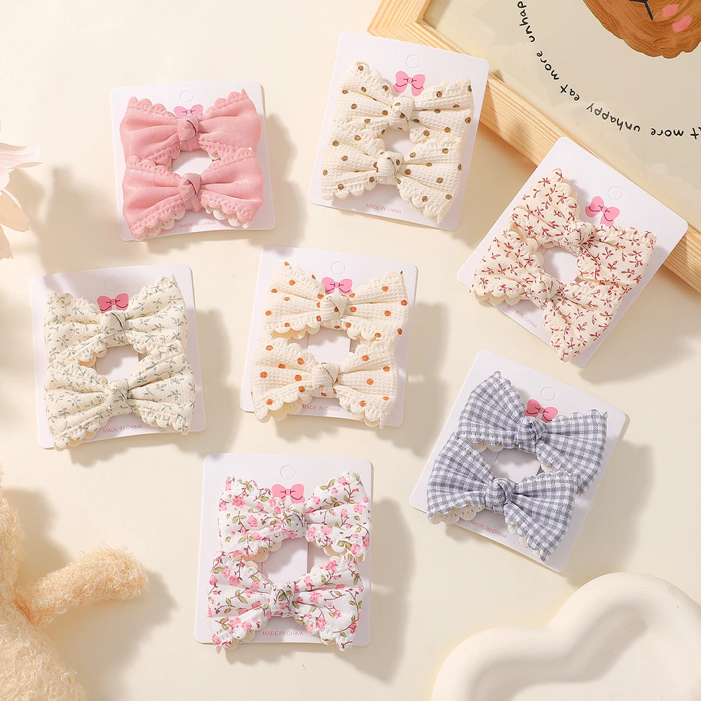 2 teile/satz Nette Baumwolle Plaid Blume Drucke Bogen Haar Clips Baby Mädchen Sommer Bowknot Grips Barrettes Headwear Haar Zubehör
