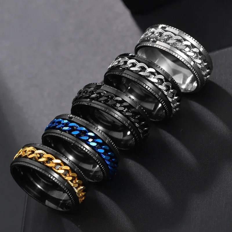 Punk Rings 8mm Spinner Chain Men Rotatable Black Blue Stainless Steel Cool Jewelry Party Gift