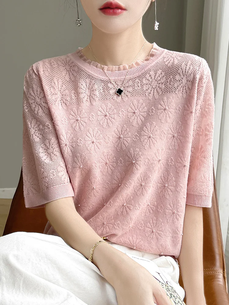 

Fashion short-sleeved sleeves 100% merino sweater lace O-neck cashmere women's knitted jacket pullover sweater T-shirt