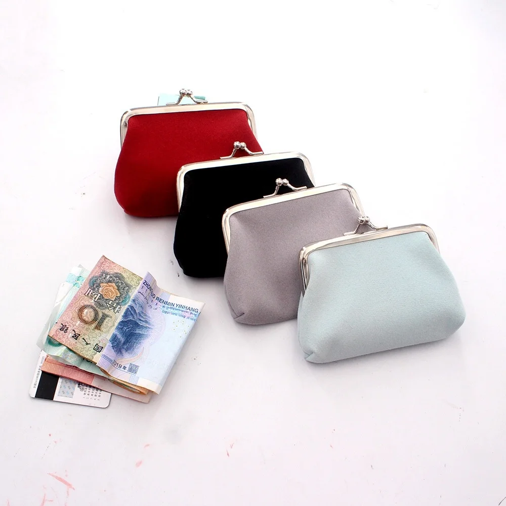 Vintage Solid Color Double Layer Clip Lock Women'S Coin Purse Mini Cute Kiss Lock Small Wallet Portable Credit Cards Storage Bag