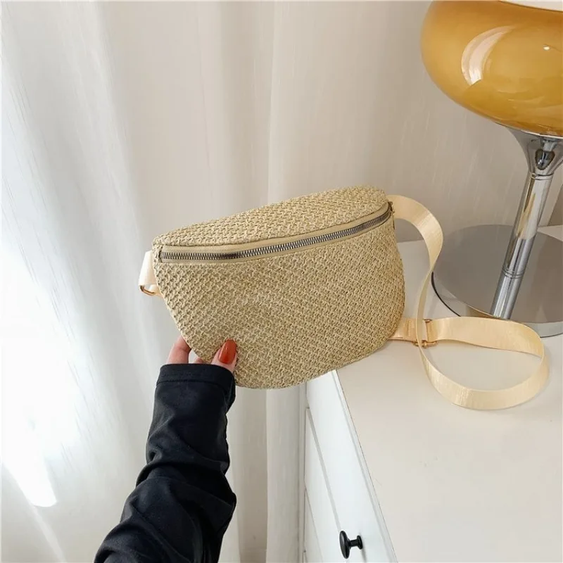 Straw Waist Bag for Women Phone Fanny Pack Ladies Chest Belt Crossbody Bag Female Waist Pack