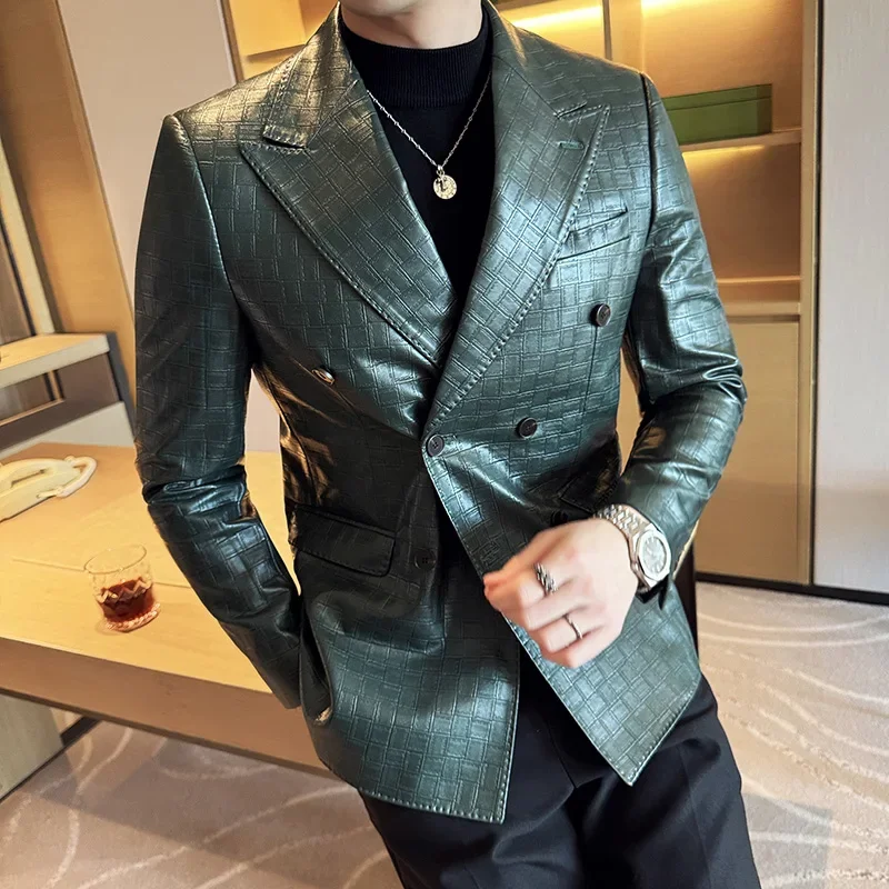 Square Grid Double Breasted Leather Jacket Men Suit Blazer Tuxedos