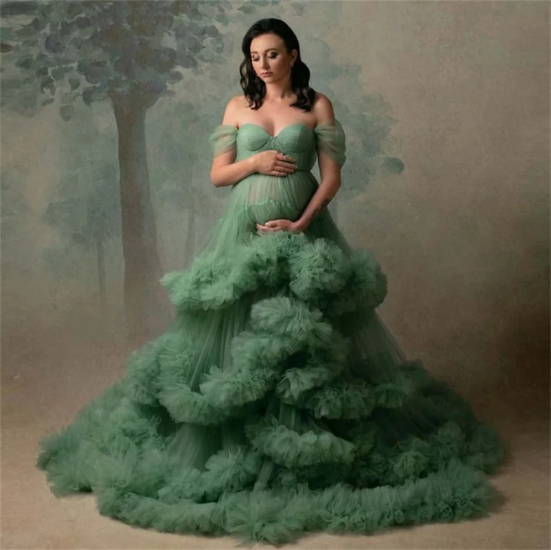 

Green Maternity Dresses For Photoshoot Sexy Off The Shoulder Tiered Ruffles Tulle Pregnant Prom Gowns Babyshower Custom Made