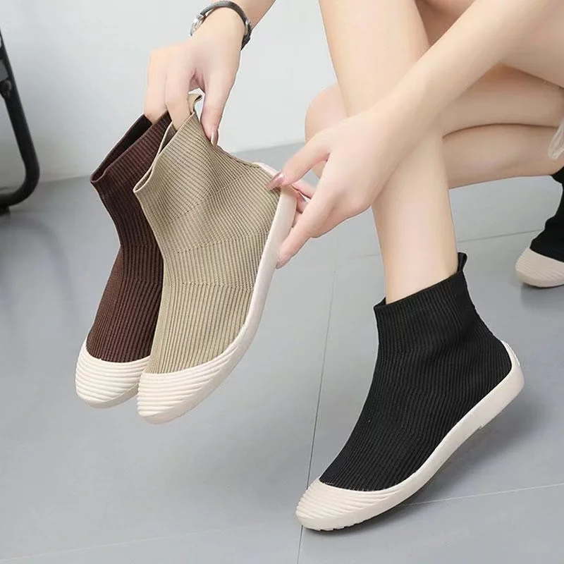 

Korean Version Flat Sole Single Shoe Women's Knitted Elastic Socks And Boots, High Top Casual Sports Short Boots, Lightweight