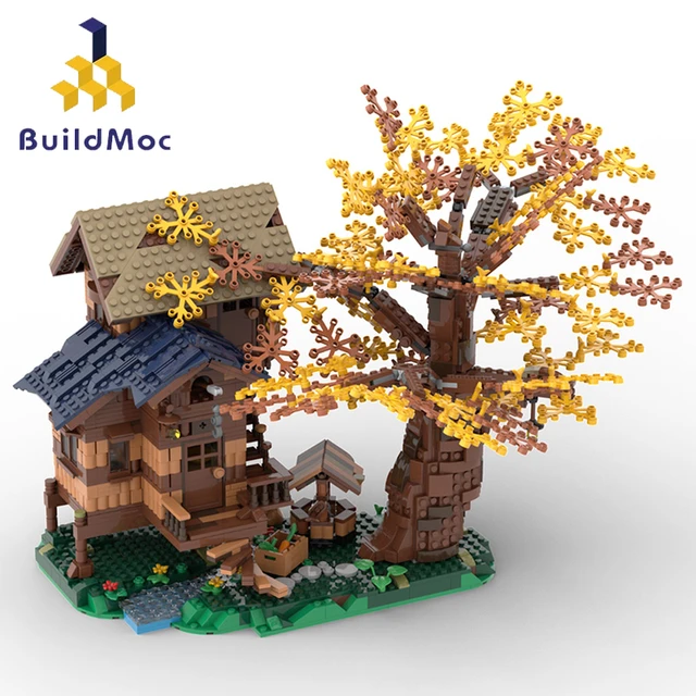 Moc medieval flor árvore moinho de vento casa blocos de construção