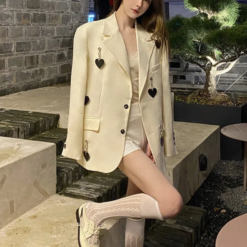 Women's Autumn Winter New Fashion Solid Color Lapel with Love Buttons Casual Stylish Long Sleeved Loose Fitting Suit Coat