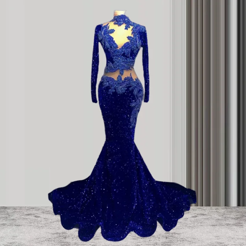 

Sexy Luxury Royal Blue Long Black Girls Prom Dresses Sparkly Mermaid Style Beaded Crystals Prom Party Gowns