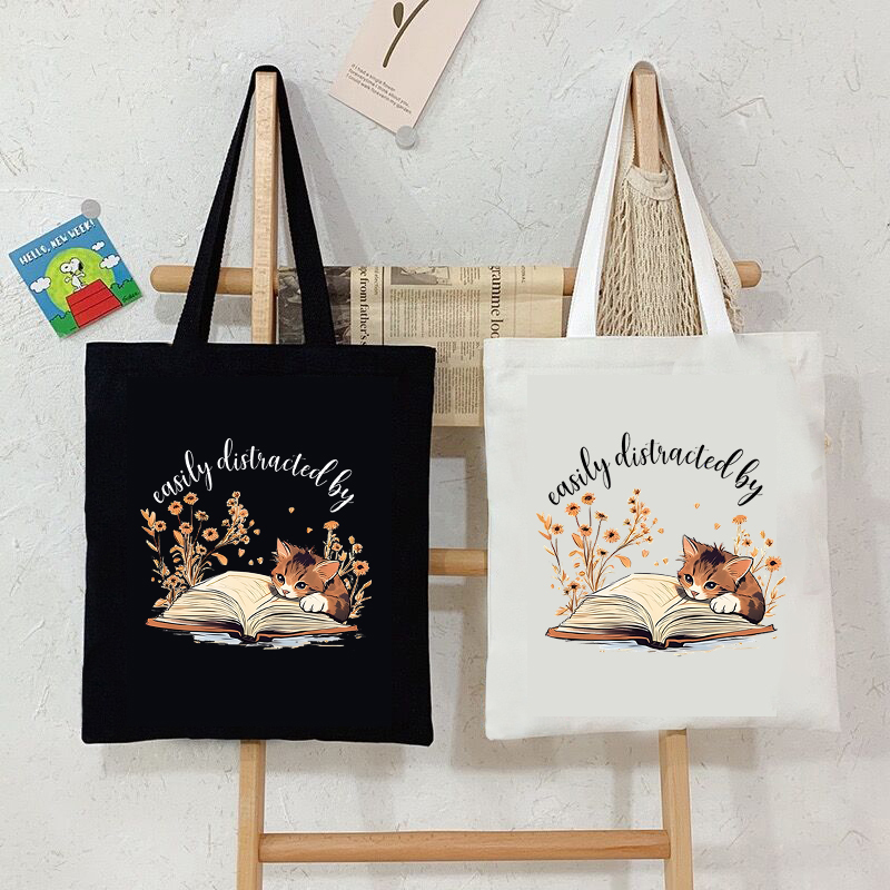 Canvas Tote Bags Cartoon Cat and Books Women's Shoulder Bag Wild Flower Book Club Shopping Bag Animal Kitten Bookworm Handbag