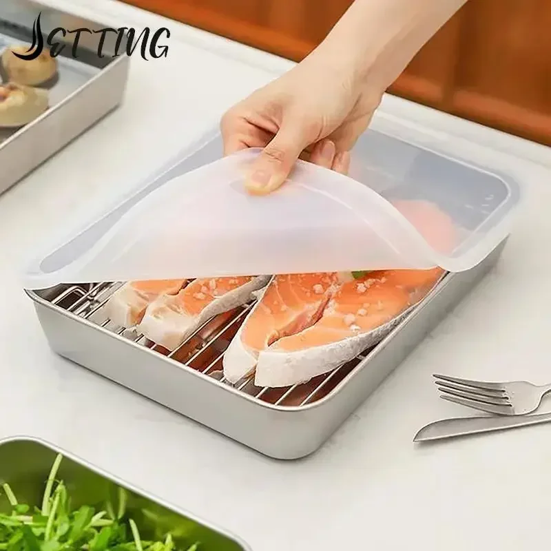 Food Storage Pan Stainless Steel Square Plate With Lid Rectangular Commercial Dish Tray Large Lunch Box Container