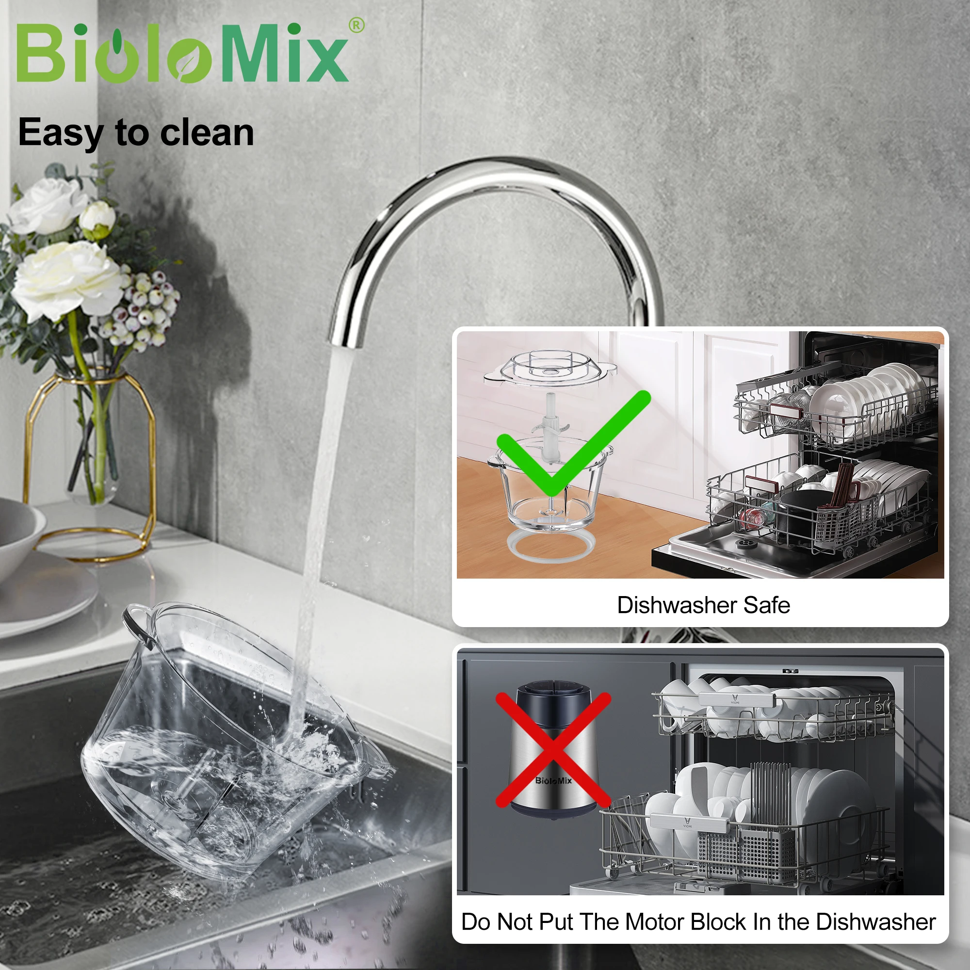 BioloMix 1.8L Glass Bowl Food Processor Chopper Two Speeds  Meat Grinder For Babyfood Vegetables Onion Garlic 6