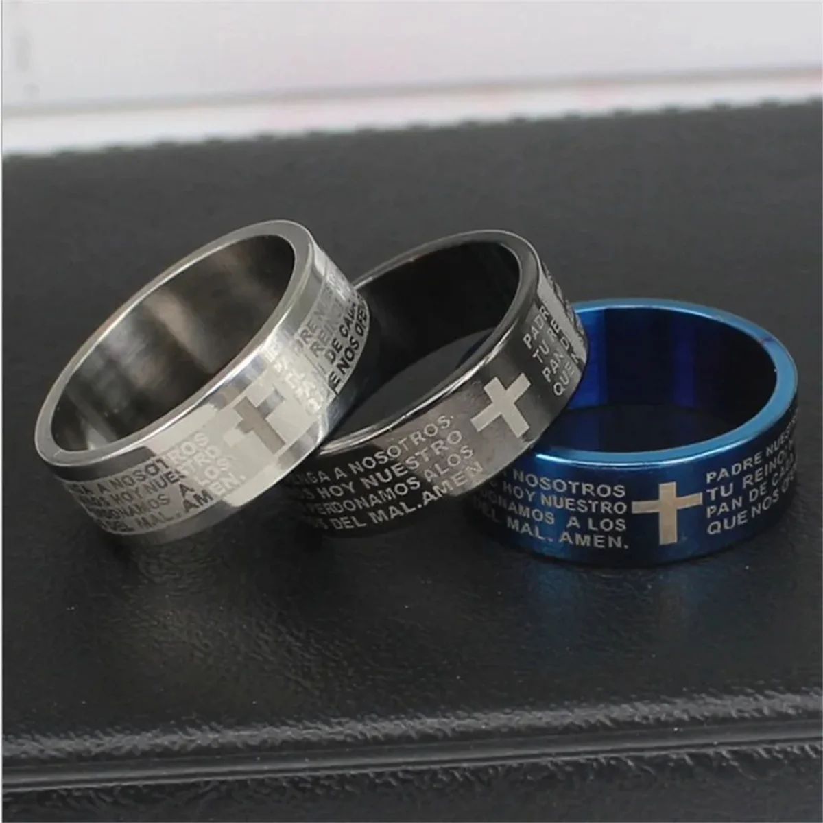 Stainless Steel Ring Spanish Bible Prayer Jesus Cross Men Women Birthday Gifts