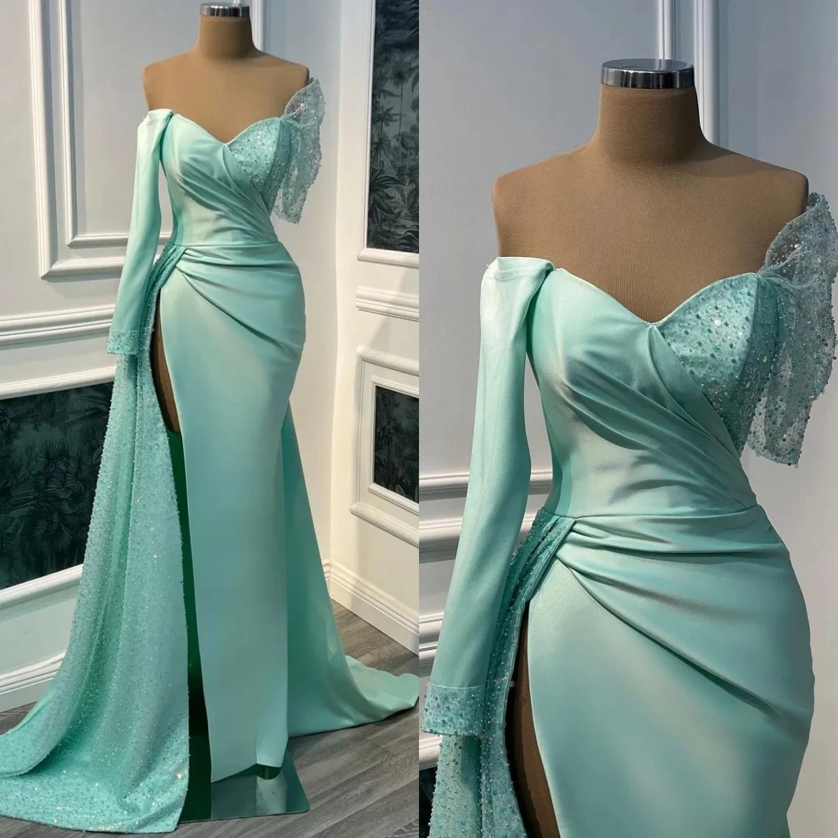 

Элегантное вечернее платье с бисером, блестками, атласное платье русалки для выпускного вечера, кружевное индивидуальное строгое платье с разрезом сбоку