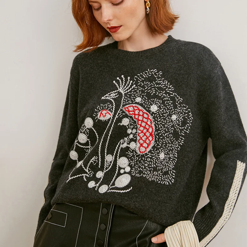

TEELYNN Winter Sweater Women Vintage Peacock Pattern Embroidery Loose Warm Pullovers Knit Sweaters Cuff Contrast Color Jumpers