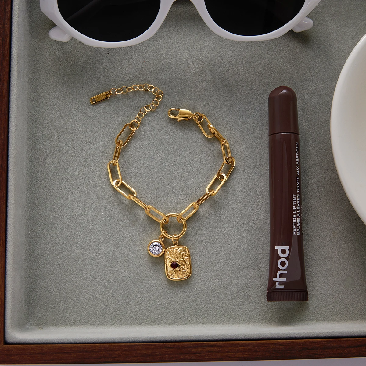 18K Gold Plated Link Charm Bracelet With Crystal & Baroque Pendant Tarnish Free