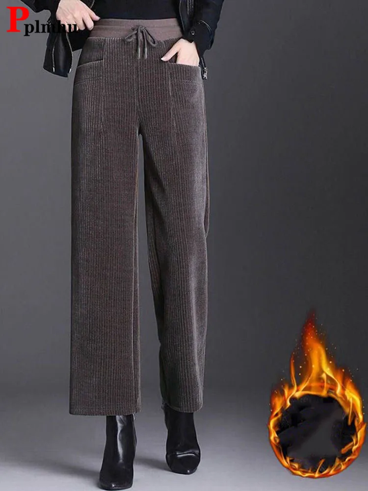 Warm Vintage Corduroy Plus Velvet Pant Winter Womens Thicken Wide Leg Pantalones High Waist Lace-up Straight Big Size pantalons