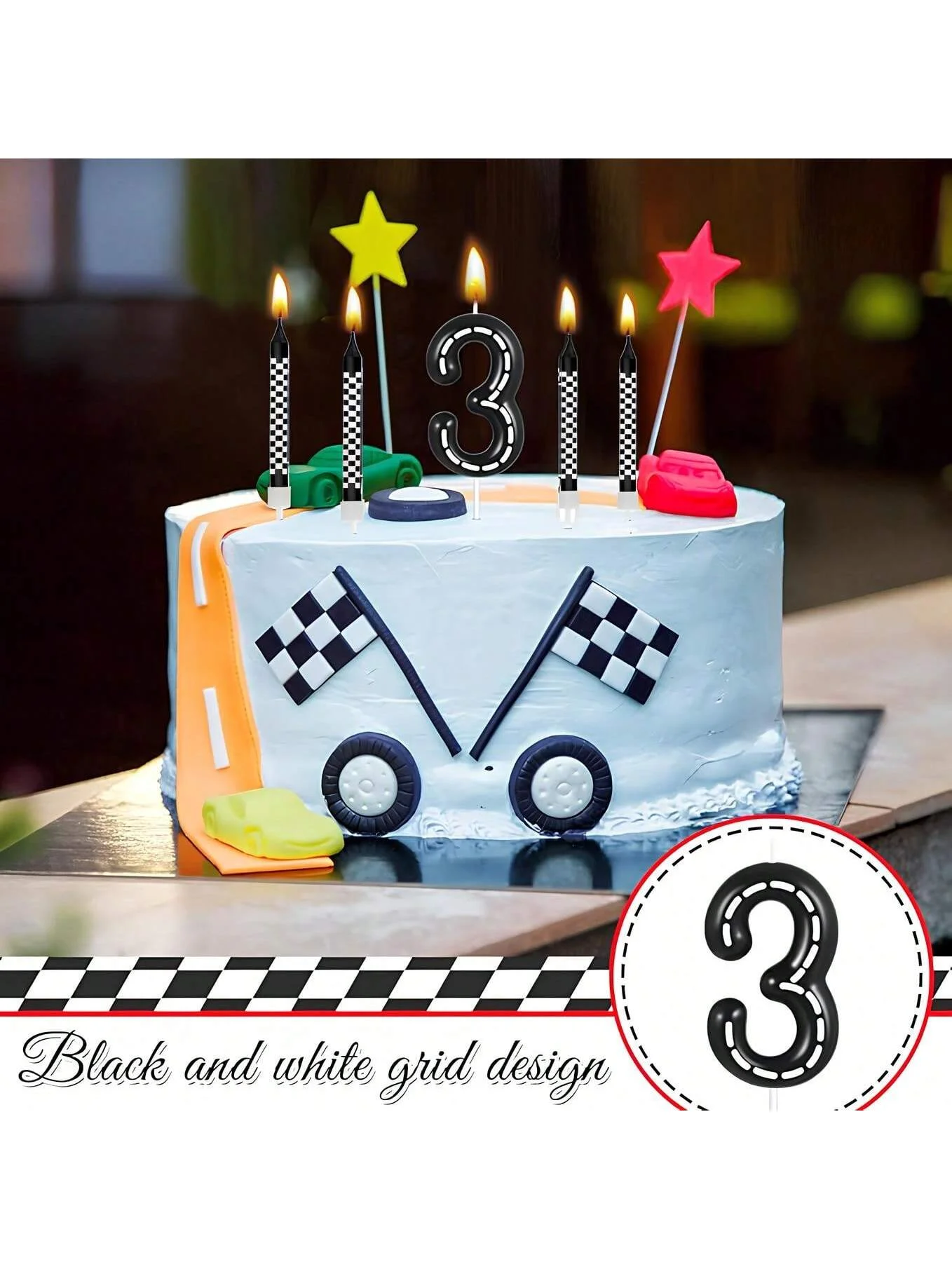 7 pezzi di auto da corsa a tema candele di compleanno candela a quadretti  in bianco e nero da 1 a 9 numeri candela camion candela cake topper per  Raci - AliExpress, image size:1358x1810