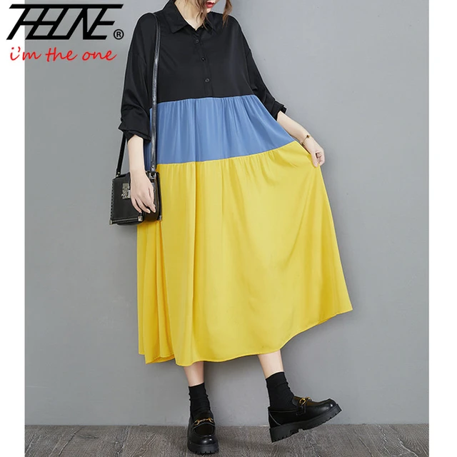 Plus Size Women's Solid Fashion Casual Tricolor Patchwork One Piece Dress