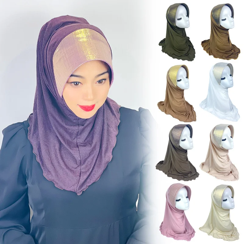 

Fashion Bright Silk Turban Hat Outdoor Curved Headwear Solid Color Crystal Hemp Sunscreen Cap Ready To Wear Instant Hijab Scarf