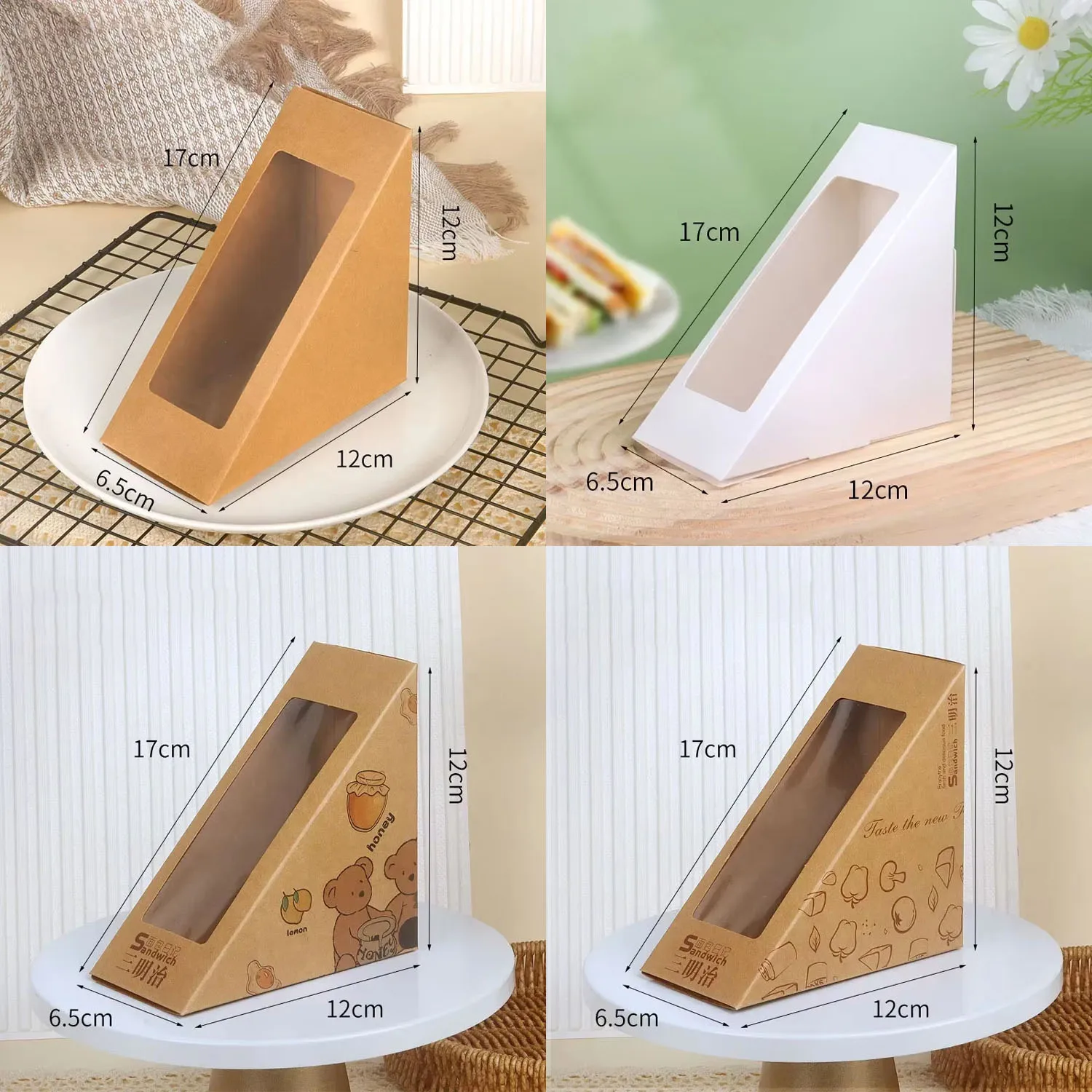 Sandwich-Papierbox, Kraftpapier-Sandwichbox mit Fenster, Keilbox, Spezielle Backwarenbox für Gekochtes Sushi, Käsekuchen, Kuchenbox
