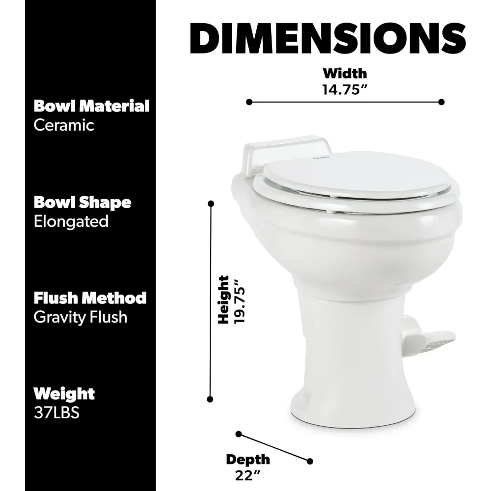 320 RV Toilet  White ,Standard Height ,Gravity Toilet,Elongated Ceramic Bowl,Flush with Foot Pedal,For RVs,and Outdoor Campers 3