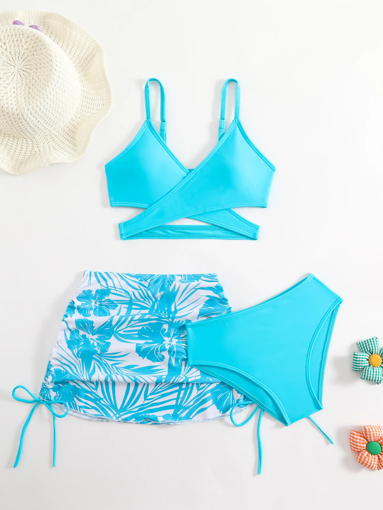 3pcs Swimming Suit for Girls Summer Beach Dress Swimsuit Tie-dye Printed Skirted Bikini Set Kids Bathing Suit