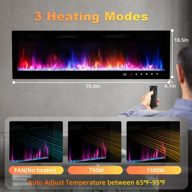 Electric Fireplace Insert 70" Realsmart 1500W Wall Mounted Electric Fireplaces Recessed Heaters,Remote Control Fireplace Screen