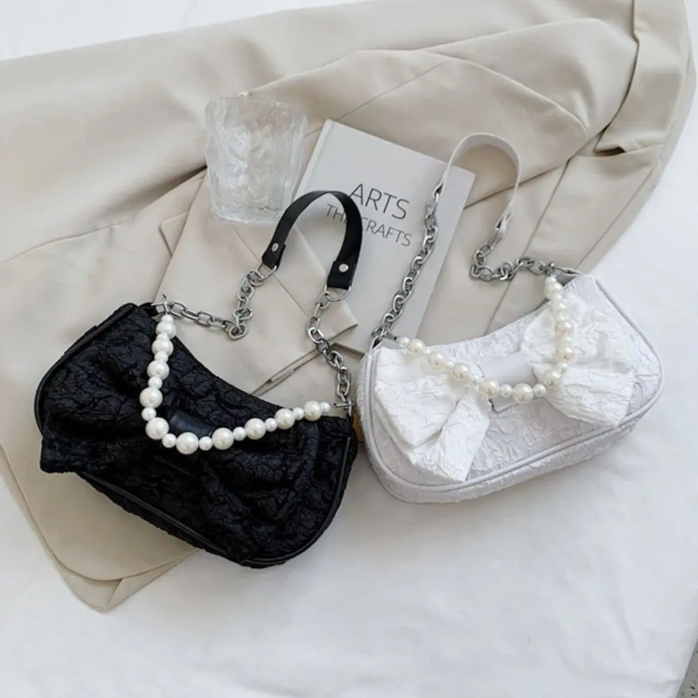 

Lace Bow Underarm Bag Fashionable Solid Color Handbag Shoulder Bag Women Girls