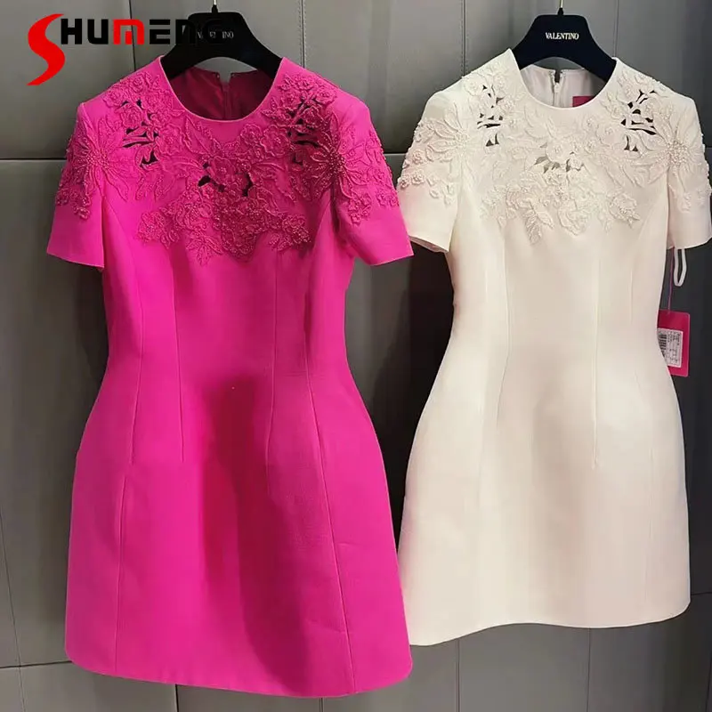 

New Ladies Fashion Elegant Hollow Embroidery Handmade Beaded Pink Dress Women's 2023 Spring Summer Western Style Boutique Dress