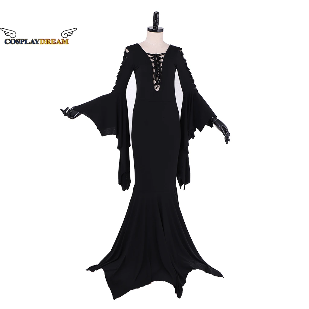 Donne Sexy Ghost Gothic Halloween Costume Morticia Addam Maxi Dress Pagan Pixie Vampire Black Hollow Lace Up Slim Gown Dress 3Xl