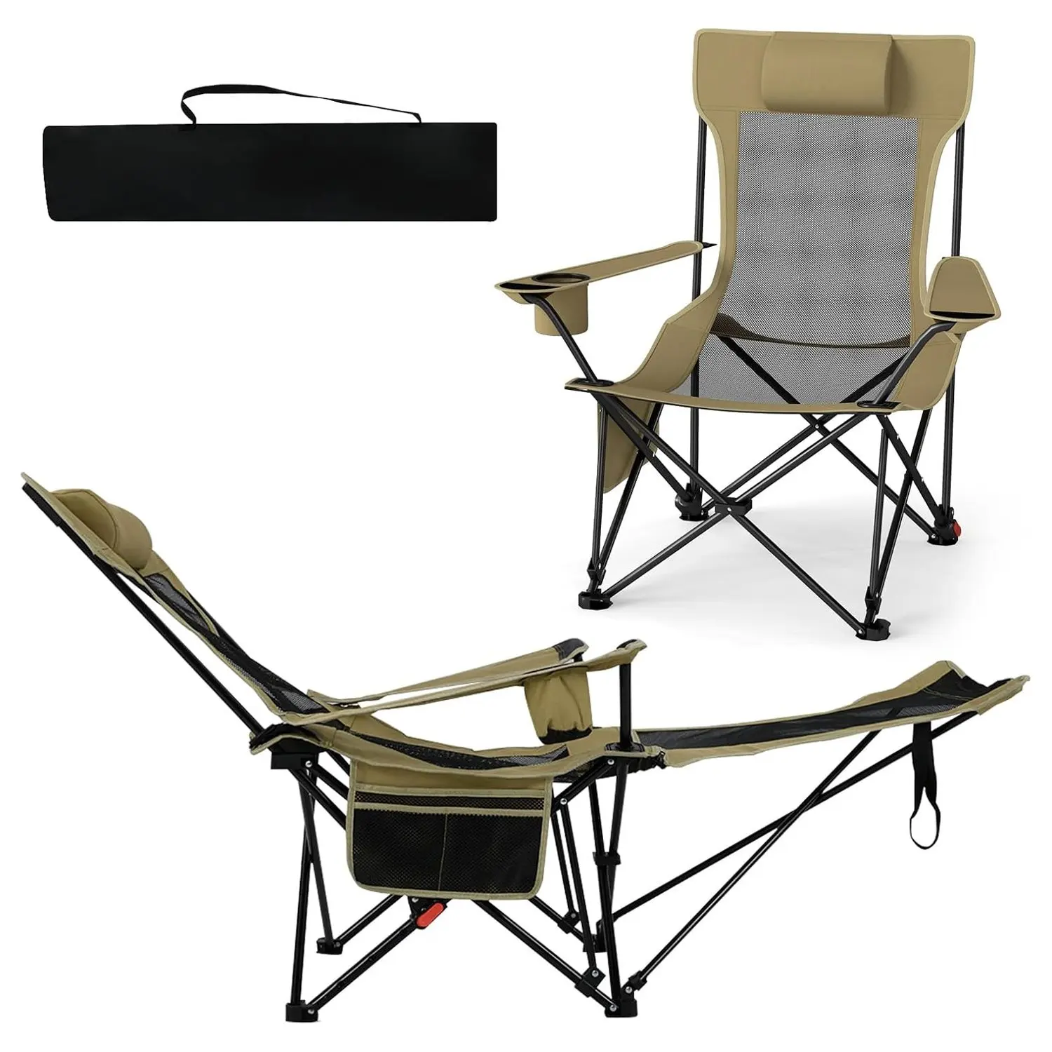 Chaise de pêche pliante avec repose-pieds amovible et dossier réglable couleur kaki