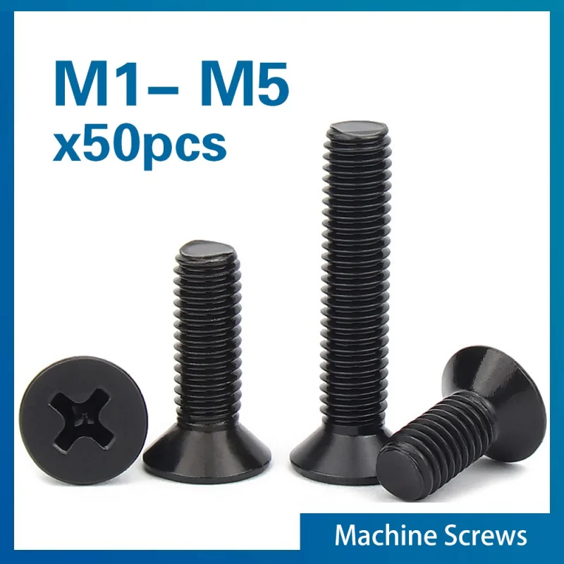 Phillips flat screw 50pcs/lot M1 M1.2 M1.4 M1.6 M1.7 M2 M2.5 M3 M3.5 M4 M5 KM Mini Small Black Steel KM Phillips Flat Countersunk Head Screw Bolt