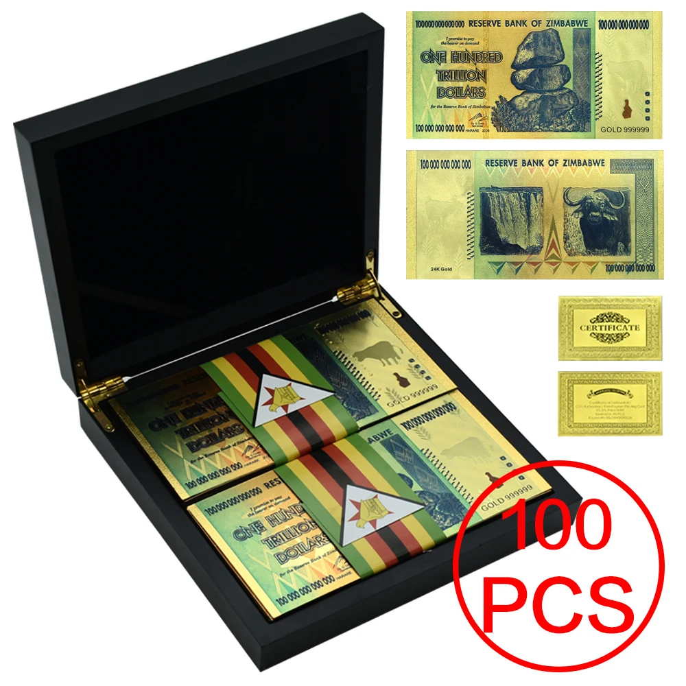 

100pcs/box Zimbabwe Gold Banknotes One Hundred Trillion Dollars Zimbabwe Paper Money with Box Art Crafts Collectibles