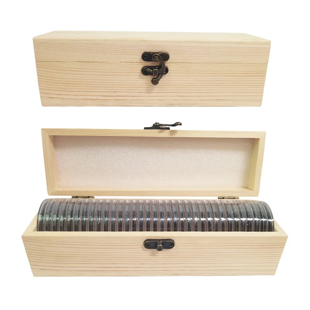 33PCS Clear Plastic Coin Capsule Case with Wooden Organizer Box and Black Gaskets for 16/20/25/27/30/35/40/46mm Coin Storage,wooden coin collection box