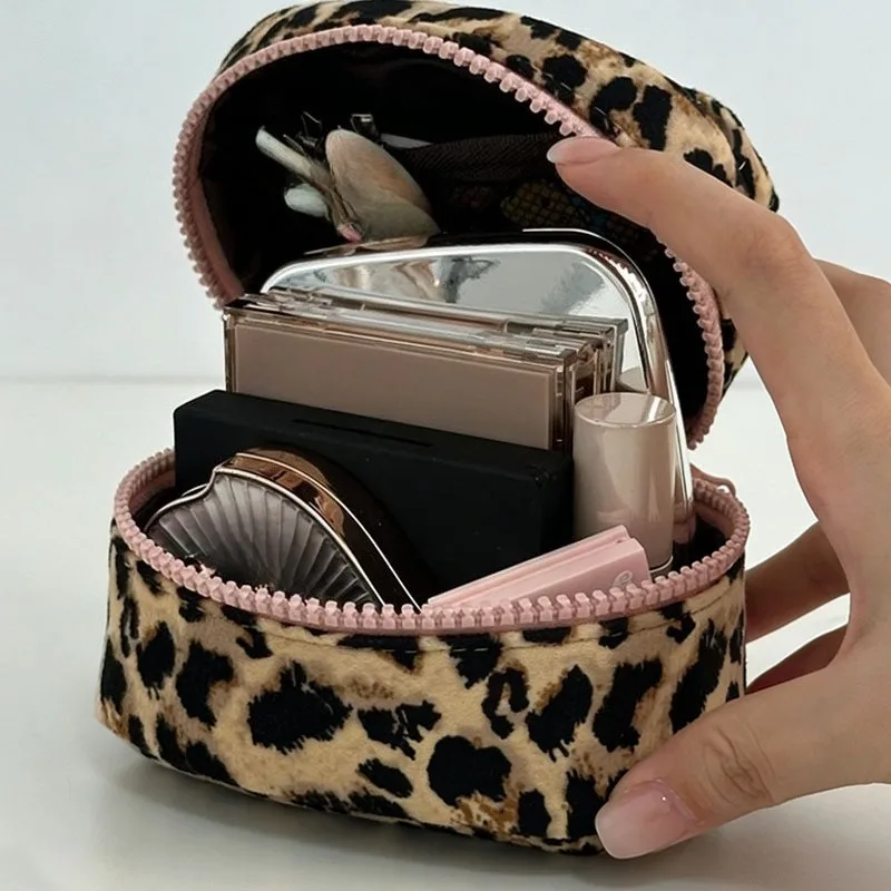 Cute Pink Leopard Print Makeup Bag - Portable Travel Cosmetic Organizer