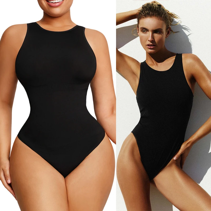 Tummy Control Shapewear for Women One Piece Square Neck Seamless Bodysuit  Open Bust Mid Thigh Body Shaper Shorts 