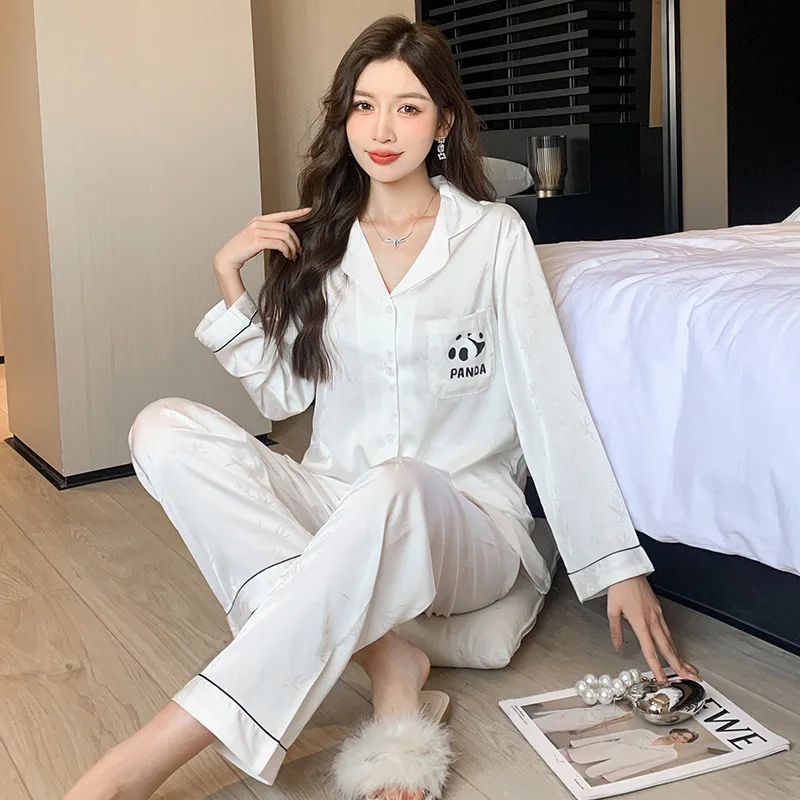 Printed Pajamas for Women Spring Summer Ice Silk Lapel Long Sleeved Set Autumn Silk Thin Home Clothing Two-piece Set