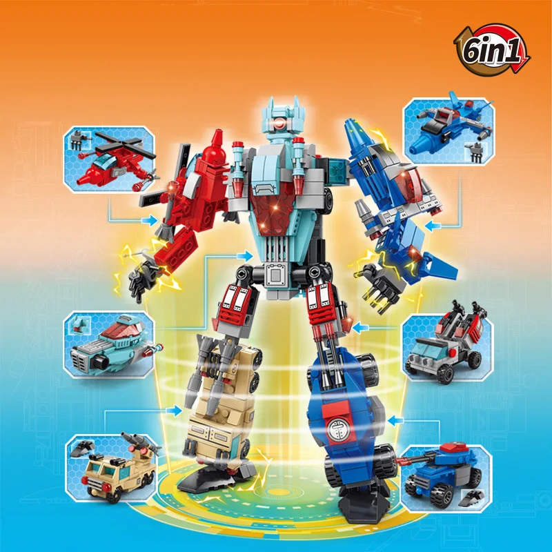 

6 IN 1 Transformation Robot Truck Building Block Deformation City Engineering Excavator Car Construction Set Brick Toys