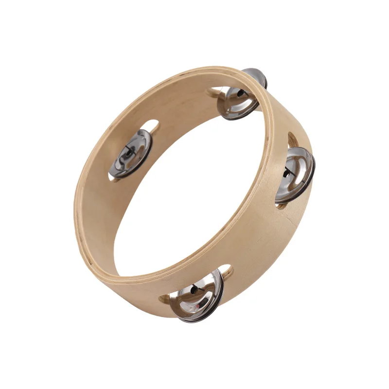 6 Inch Tambourine for Adults Pleasant Jingle Sound Hand Cranked Bell Rings Wooden Natural Color
