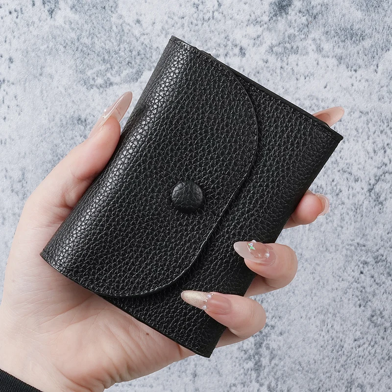 Premium Litchi Pattern Mini Wallet - Soft Leather Card Holder and Money Clip with Coin Purse
