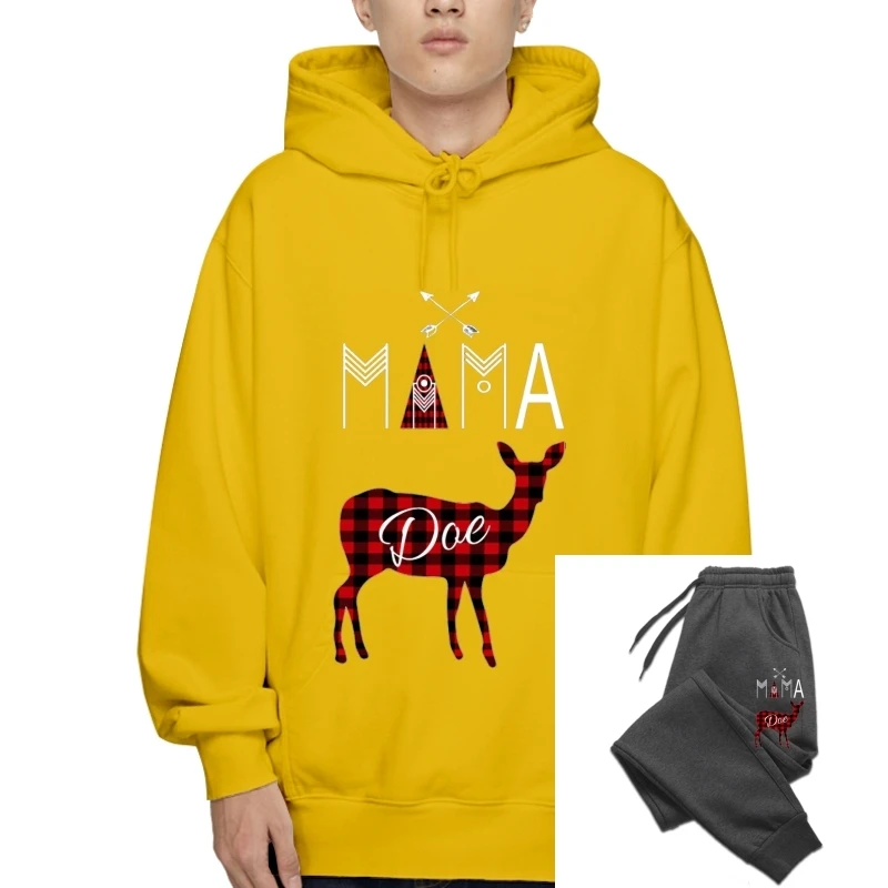 

Mama Deer Doe Buffalo Plaid Family Christmas Pullover Hoodiess Design Building Summer Style Natural Warm Pictures Pullover