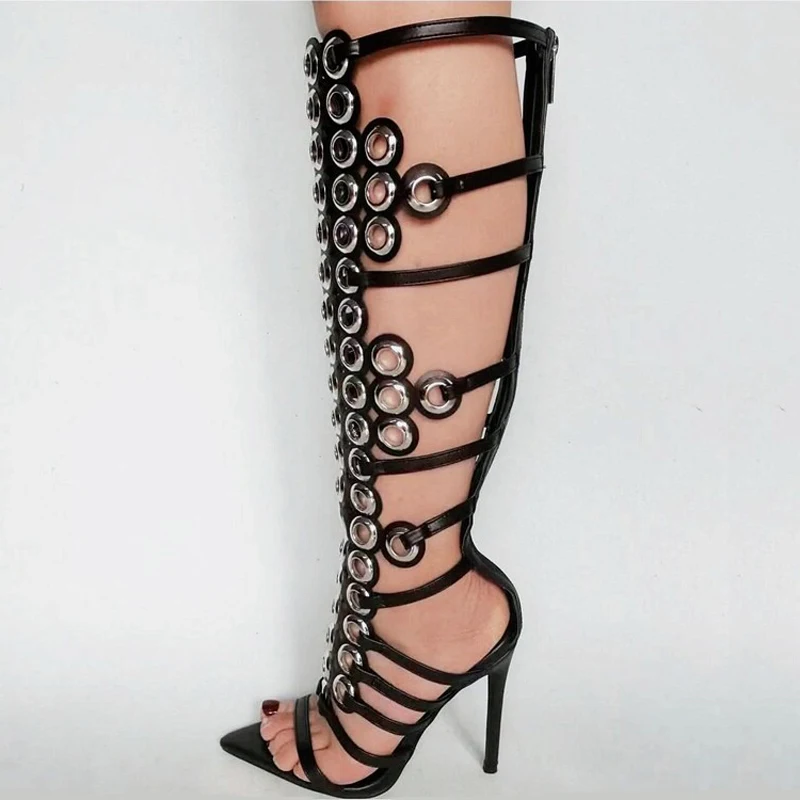 

Summer Metal Circle Ornaments Women Knee High Boots High Slim Heeled Cut Out Long Booties Sexy Punk Styles Dress Shoes